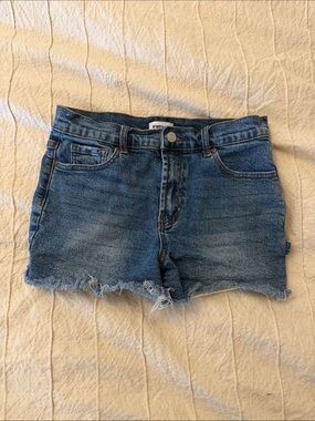 RSQ Women's Mid-Blue Distressed Frayed Hem Denim Shorts
